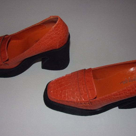Orange Faux Leather Croc Platform Flare Heel Loafers - Picture 4 of 6